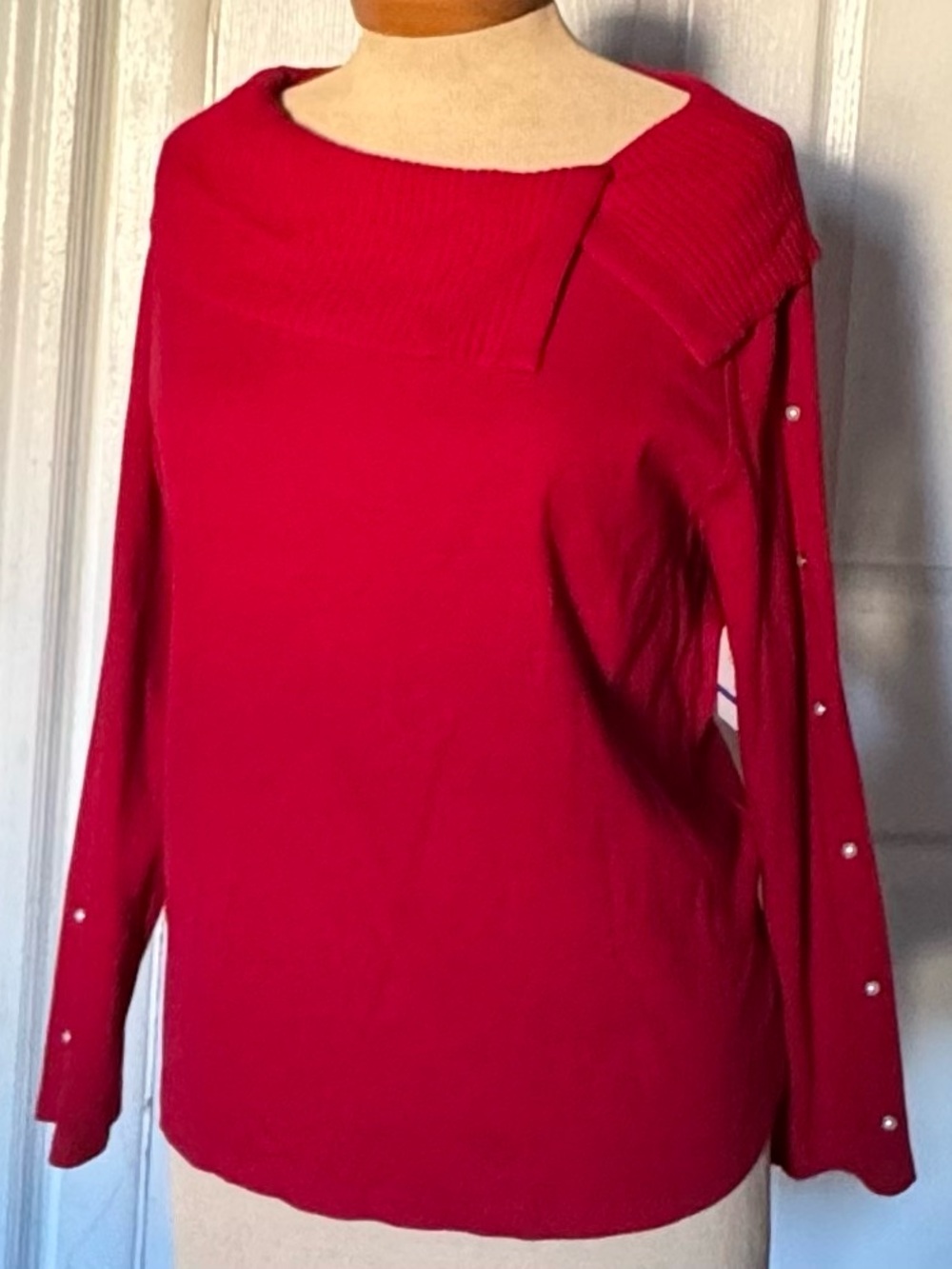 Rafaella Deep Red blouse  Sweater with Pearl-Trim Sleeves Size XLP
